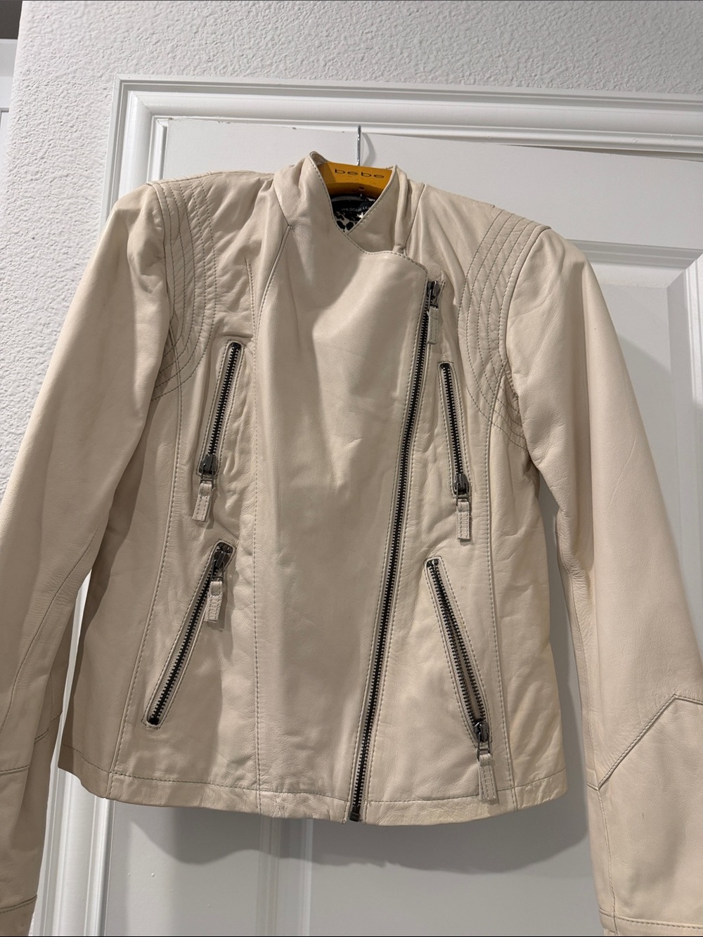 Wilsons Leather Women's Cream Asymmetrical Zip Leather Jacket